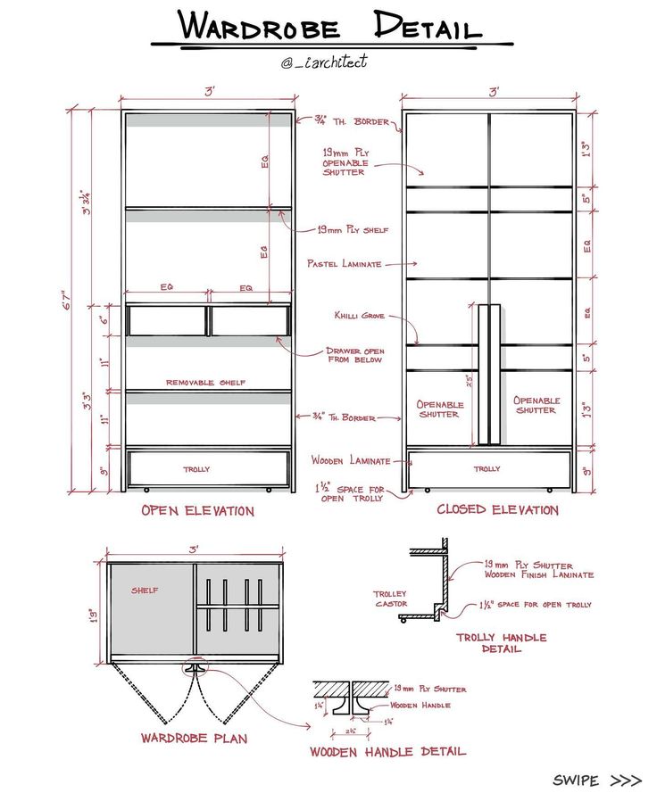 the drawing shows how to draw wardrobes