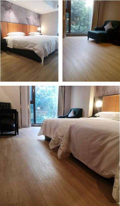 three pictures of a bedroom with wood floors and white bedding, one has a large window