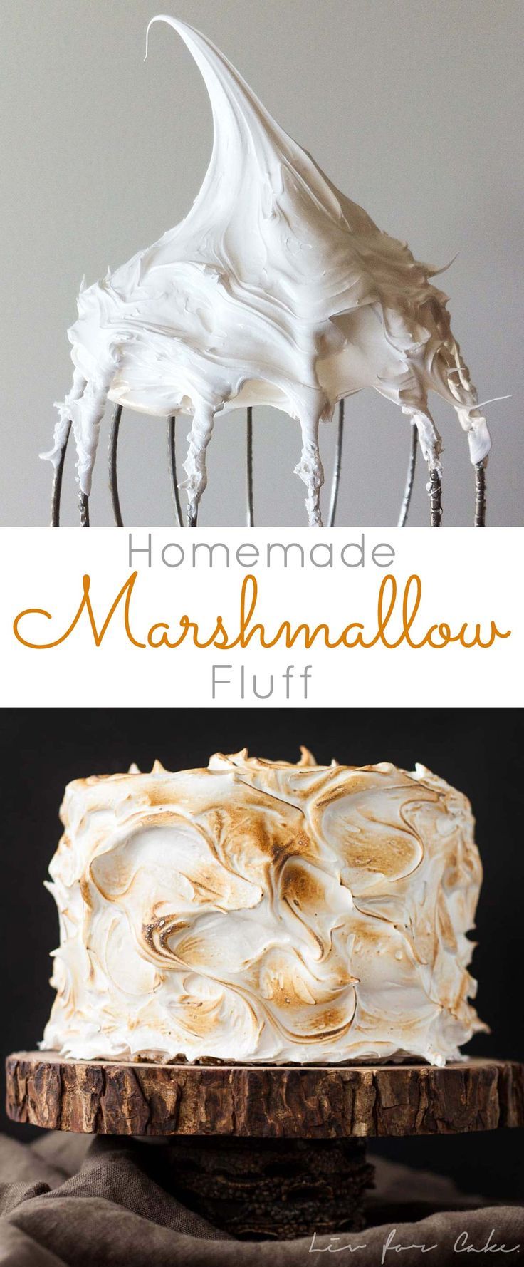 homemade marshmallow fluff cake with white frosting and swirly icing