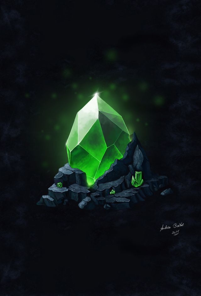 a green diamond sitting on top of a rock in the dark with light coming from behind it