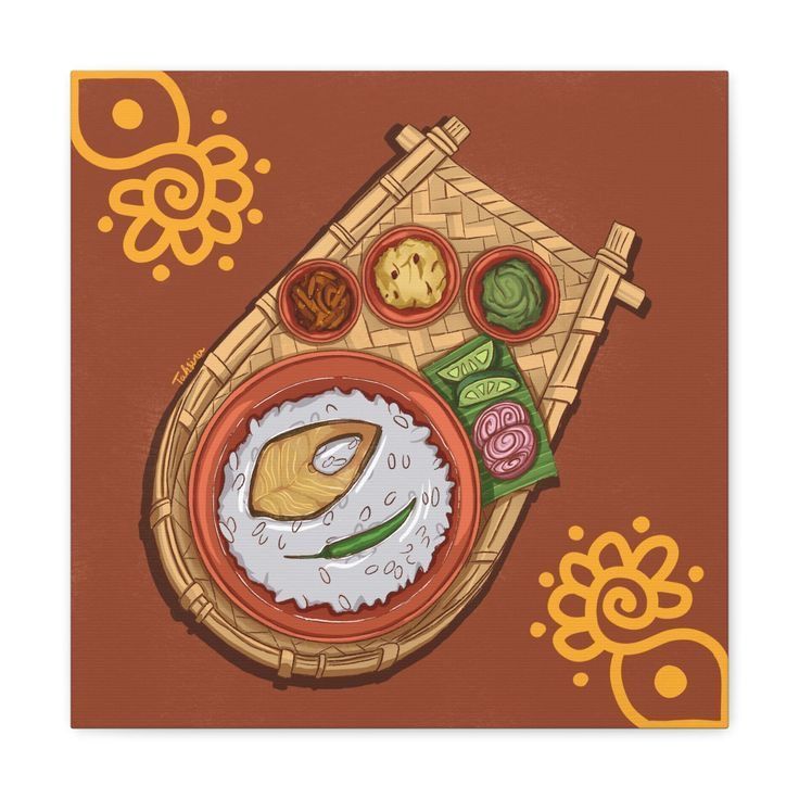 a painting of a plate of food with rice and sauces on it, surrounded by other foods