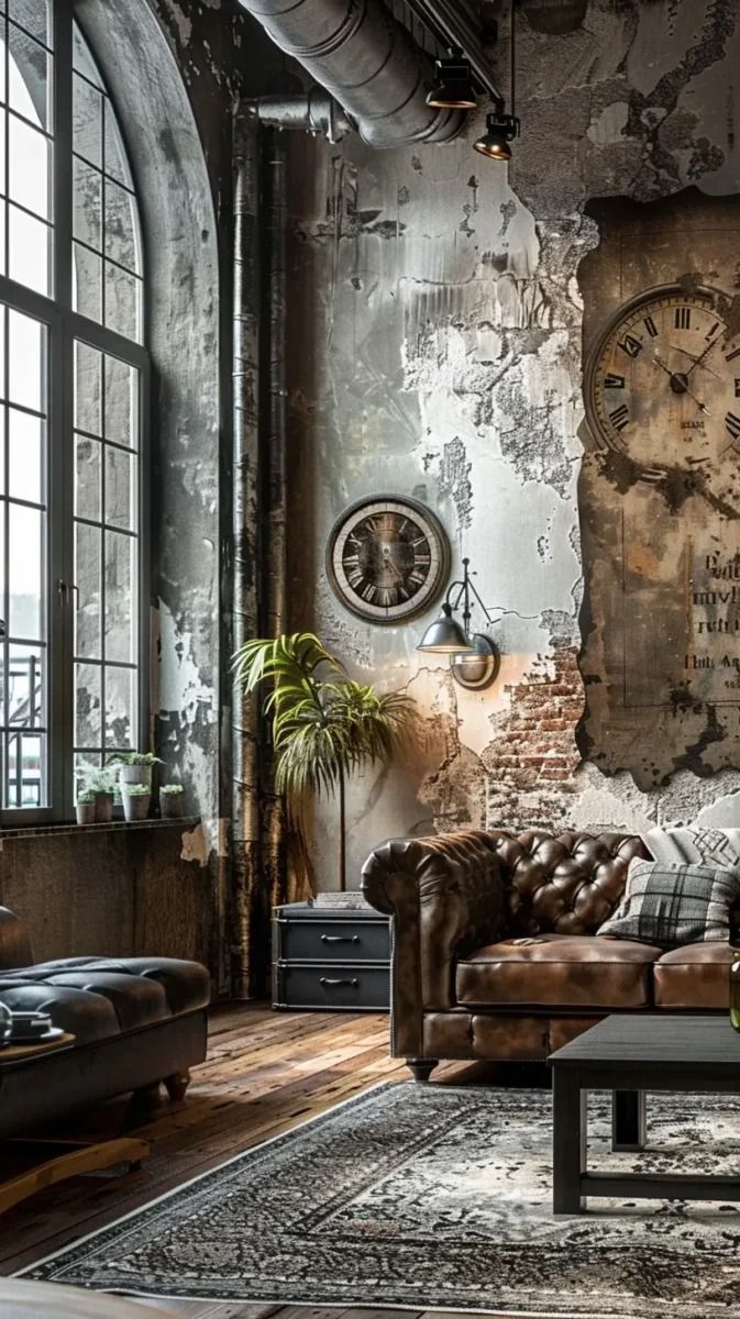 a living room filled with furniture and a large clock on the wall