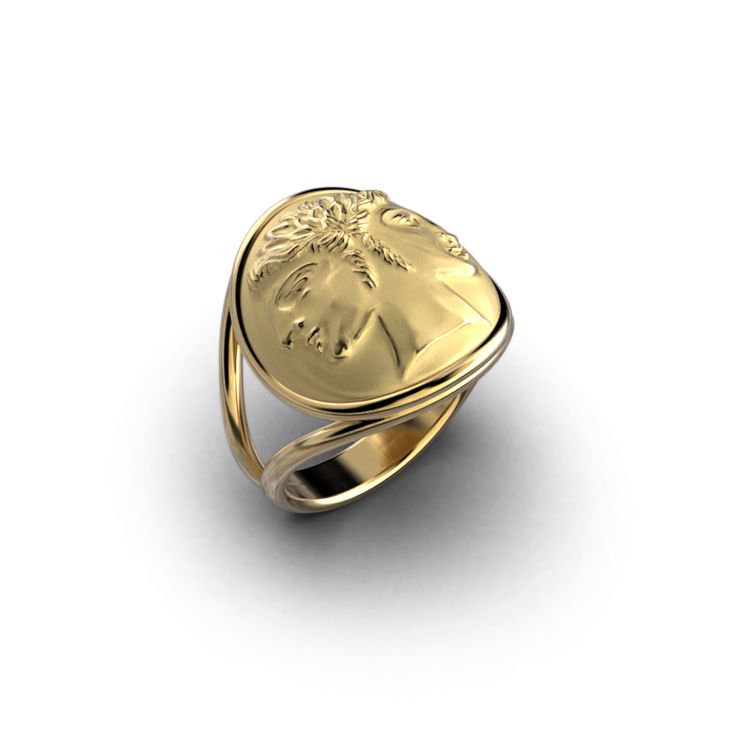 Ancient style Janus God Coin Ring made in Italy by Oltremare Gioielli, available in 14k or 18k genuine gold Elegant Yellow Gold Ceremonial Rings, 14k Gold Symbolic Rings With Engraving Option, Elegant Ceremonial Yellow Gold Rings, Luxury Gold Engraved Ring, Symbolic 14k Gold Jewelry With Engraving Option, Luxury Intaglio Rings For Anniversary, Symbolic Jewelry With Engraving Option For Formal Occasions, Engraved Yellow Gold Signet Ring For Formal Occasions, Formal Engraved Yellow Gold Signet Ring