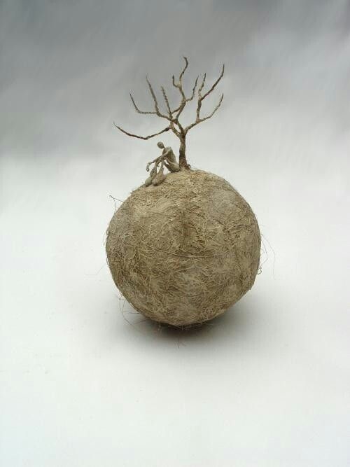 a small tree growing out of a rock on a white surface with no leaves or branches