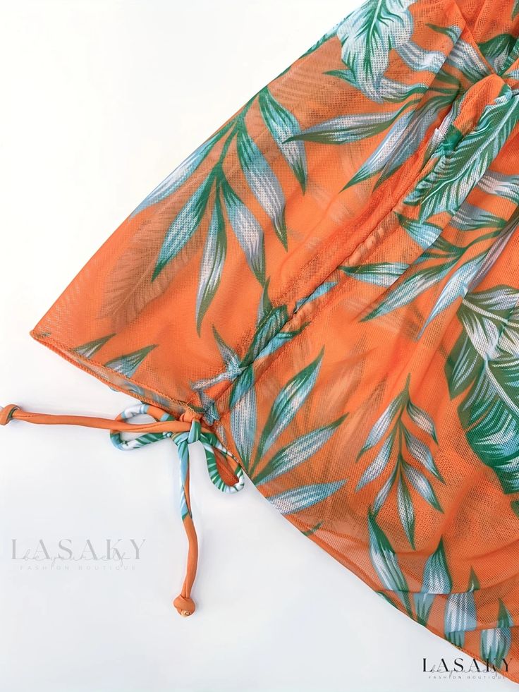 Lasaky - Womens 3-Piece Tropical Print Bikini Set with Halter V Neck, Tie Back, High Cut, and Swimsuit Cover Ups - Stylish Swimwear and Clothing Ensemble Sleeveless Printed Sets For Beach Season, Printed Sleeveless Sets For Beach Season, Sleeveless Orange Sets For Summer, Orange Sleeveless Summer Sets, Sleeveless Orange Summer Sets, Tropical Green Vacation Sets, Beachwear Printed Sleeveless Sets, Beachwear Sleeveless Printed Sets, Sleeveless Printed Beachwear Sets