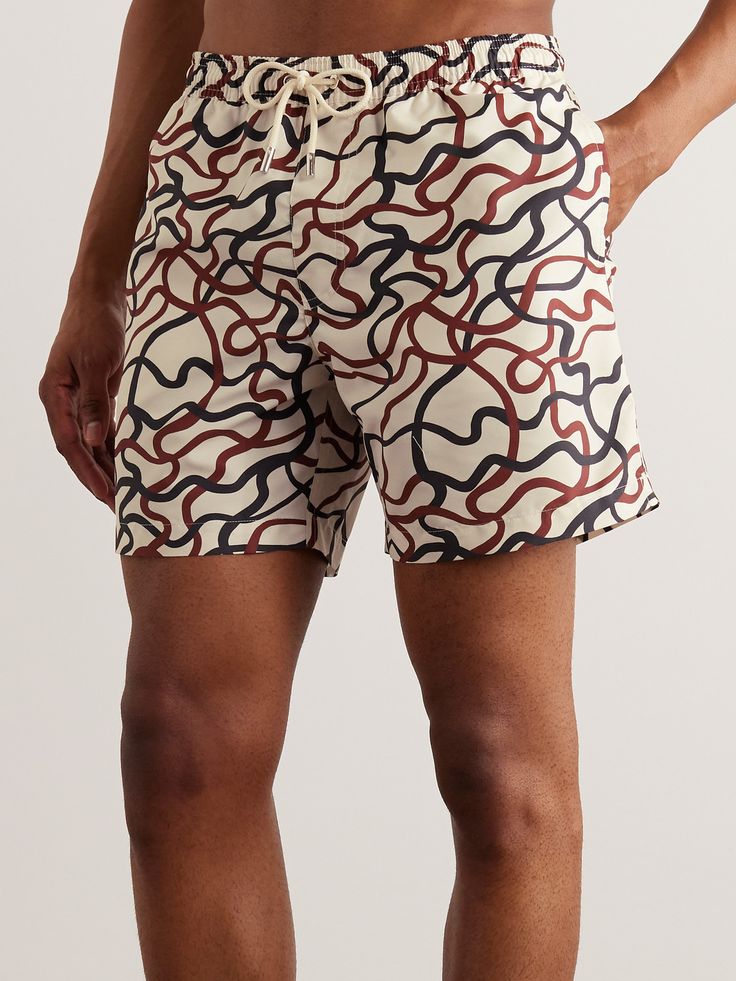 DESIGNED BY MR PORTER. Mr P.'s swim shorts are cut from lightweight shell and printed with doodles taken right out of a sketchbook. Wear yours with a simple tee or polo shirt en route to the beach. Mens Swim Trunks Aesthetic, Swimwear Moodboard, Mr P, Fabric Patterns Design, Mens Swim Shorts, Print Swimwear, Beach Collection, Swim Sets, Simple Tees