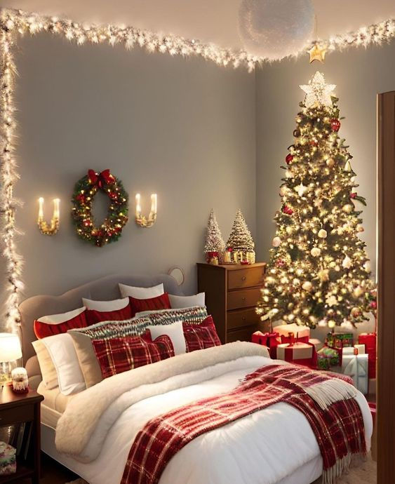 a bedroom decorated for christmas with lights on the tree