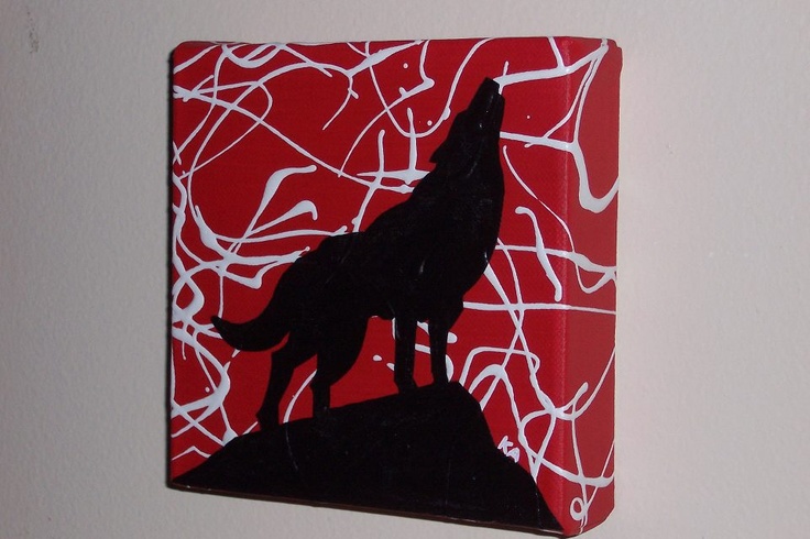 a painting of a wolf standing on top of a hill in front of a red background