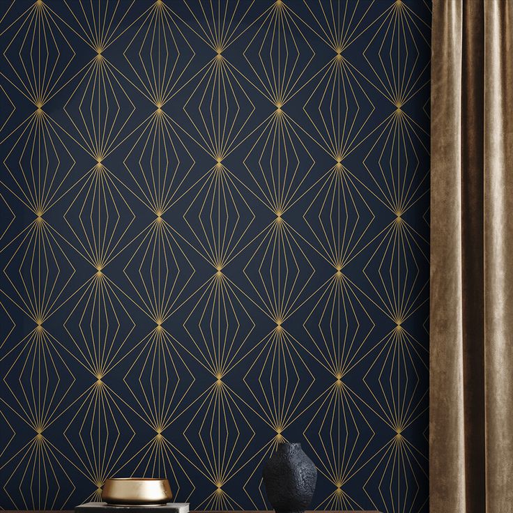 an elegant wallpaper design with gold lines and geometric shapes on a dark blue background