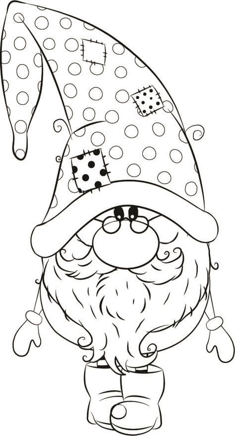 a black and white drawing of a gnome wearing a polka dot hat with dices on it