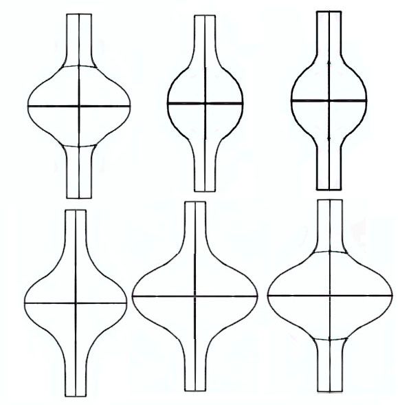 four vases are shown with lines drawn in the shape of three different shapes and sizes