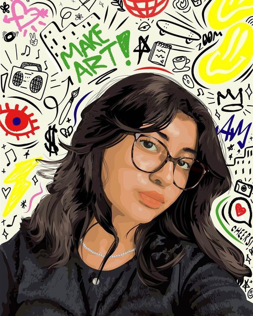 a woman with glasses is surrounded by doodles