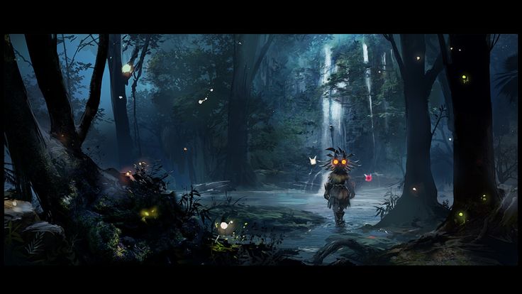 a man walking through a forest filled with lots of trees and fireflies at night