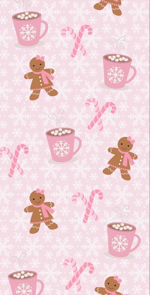 a pink wallpaper with gingerbreads, candy canes and a teddy bear