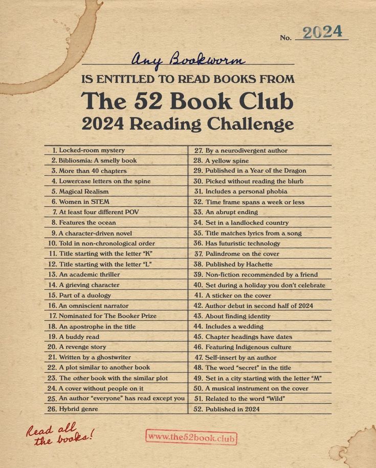 an old book with the 52 book club reading challenge list in red and black on it