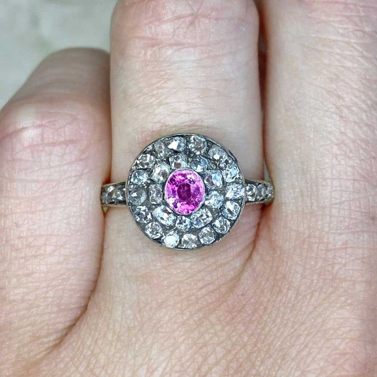 Amiens Ring - Antique Pink Sapphire Ring Antique Gemstone Rings, Estate Diamond Jewelry, Pink Sapphire Ring, Antique Ring, Double Halo, Ring Antique, Antique Pink, Sapphire Stone, Vintage Engagement