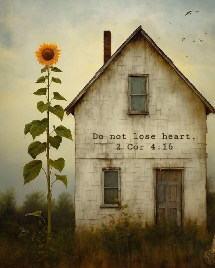 a painting of a house with a sunflower in the foreground and words written on it