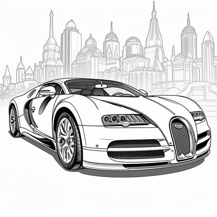 a black and white drawing of a bugatti car in front of a cityscape