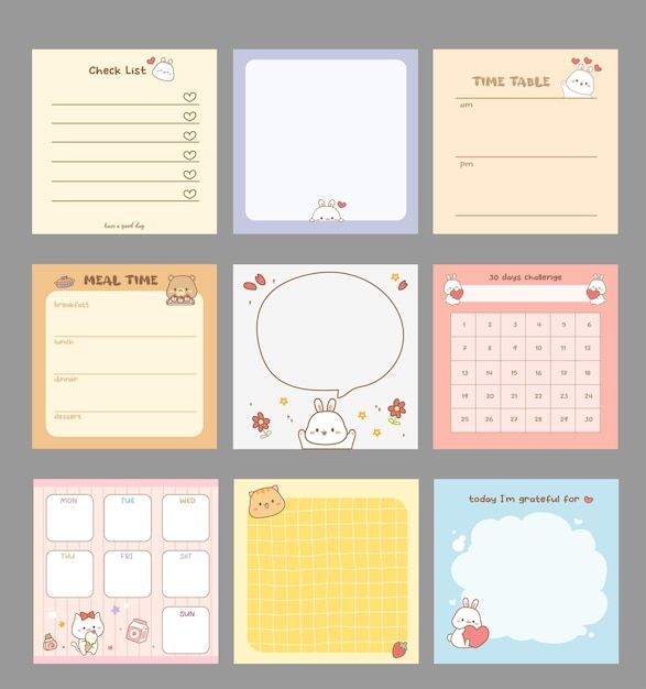 four different calendars with cute animals and flowers on them, all in pastel colors