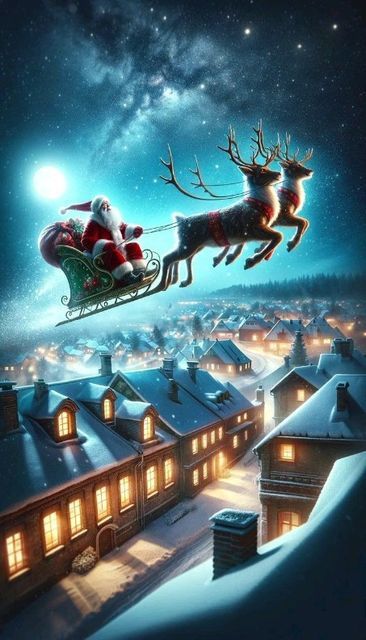 a santa claus sleigh flying through the night sky with reindeers on it's back