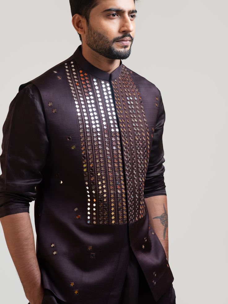 PAMN2111-3 Mirror Work Mens Jacket, Transitional Long Sleeve Bandhgala With Gota Work, Transitional Bandhgala With Gota Work And Long Sleeves, Designer Nehru Jacket With Mirror Work For Festive Season, Designer Nehru Jacket With Mirror Work For Festivals, Designer Nehru Jacket With Mirror Work For Eid, Designer Nehru Jacket With Mirror Work For Diwali, Designer Embellished Kurta For Eid, Designer Long Sleeve Bandhgala With Mirror Work