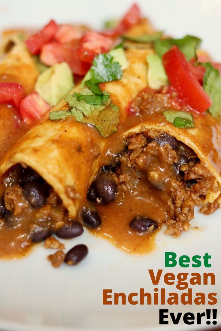 an enchiladas dish on a white plate with the words best vegan enchiladas ever