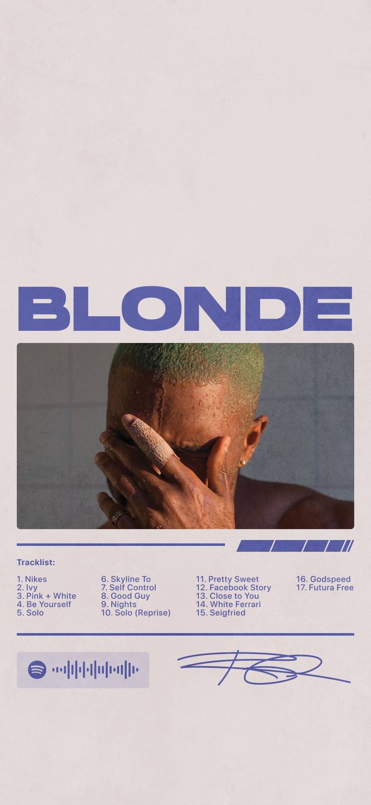 a man with his hand on his face in front of a white poster that says blonde