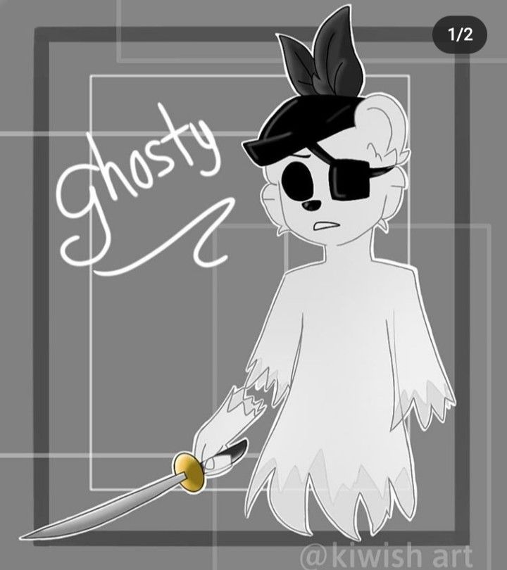 an animated drawing of a ghost holding a knife and wearing sunglasses with the word ghosty on it