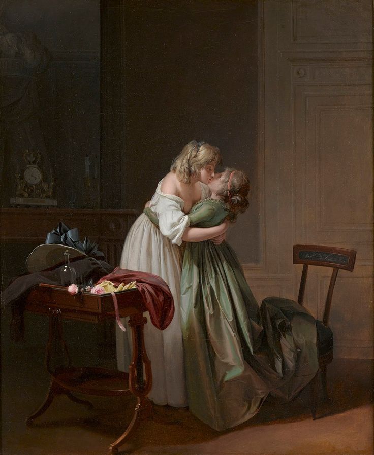 a painting of two women embracing each other in an old fashioned room with a table and chair