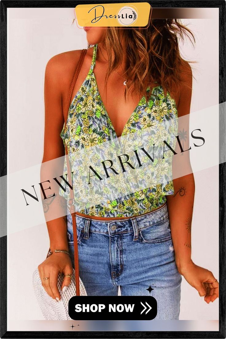 Women's Tank Tops Floral Sling V-neck Cropped Tank Top Summer V-neck Halter Top For Day Out, Trendy V-neck Camisole For Vacation, Chic Floral Print V-neck Tank Top, Trendy V-neck Camisole For The Beach, Trendy V-neck Camisole For Day Out, Trendy V-neck Halter Top For Vacation, Chic Halter Neck Camisole For Vacation, Green V-neck Halter Top For Vacation, Trendy V-neck Tank Top For Beach