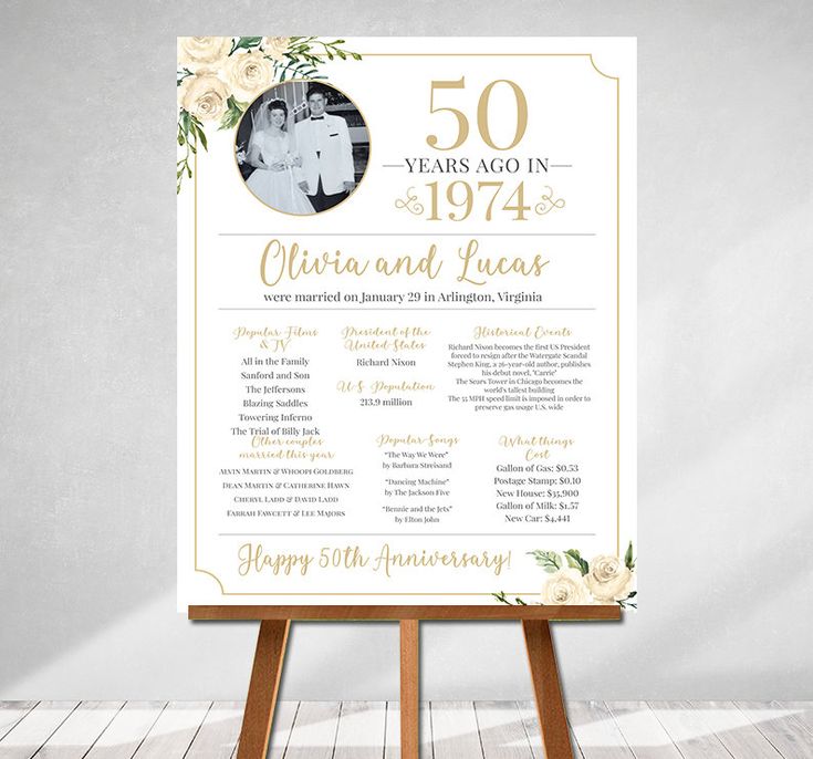 a 50th anniversary sign with flowers on it