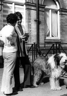 an old black and white photo of two women standing next to a dog on the sidewalk