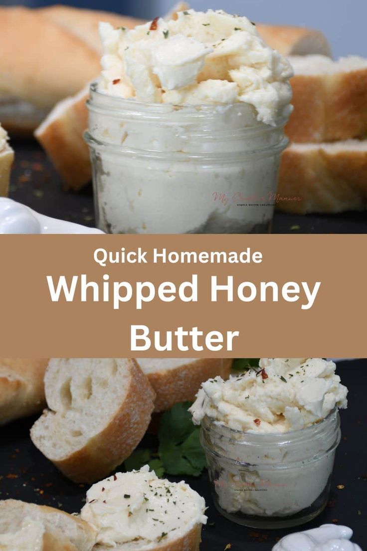 homemade whipped honey butter in a mason jar with bread and garlic on the side text overlay reads quick homemade whipped honey butter