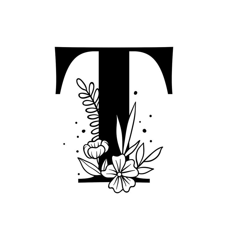 the letter t is surrounded by flowers and leaves