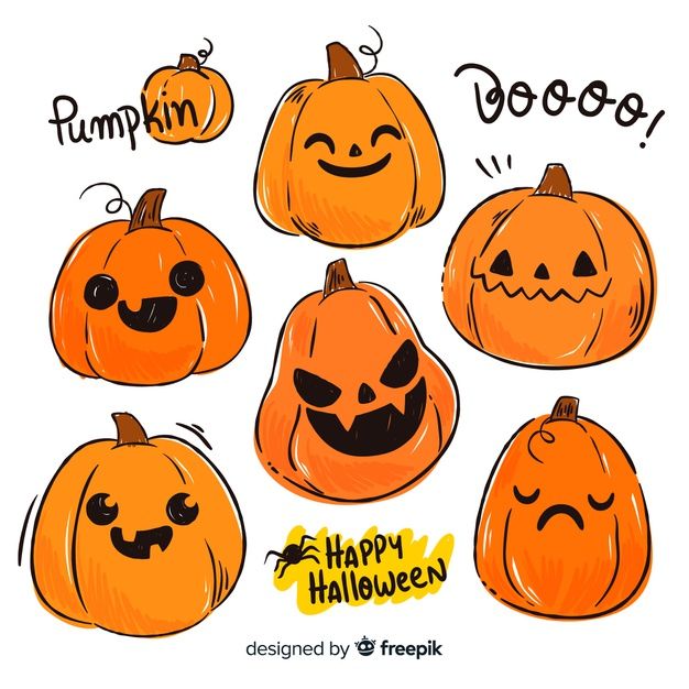 pumpkins with different faces drawn on them, including one that says happy halloween and the other