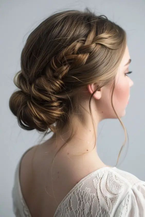 a woman with long hair wearing a white top and braid in her hair, looking off to the side