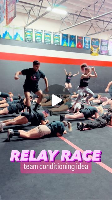 a group of people doing tricks on skateboards in an indoor area with text reading relay race team conditioning idea