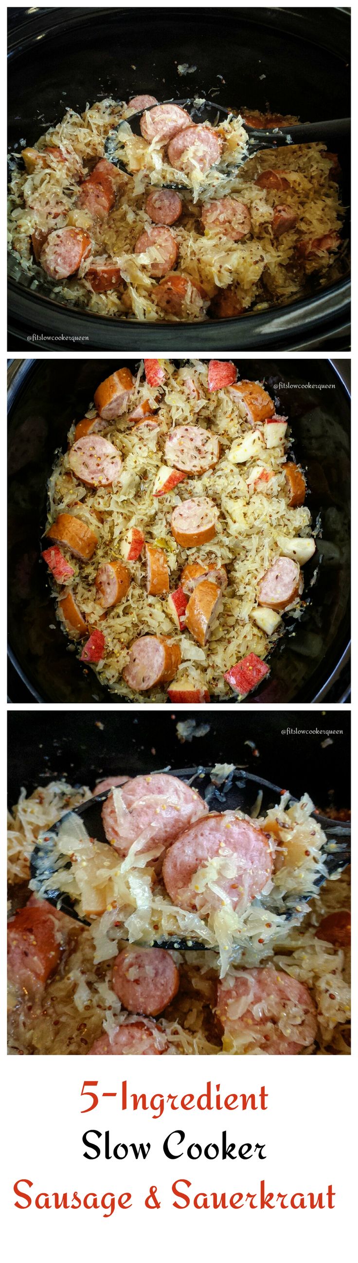 three different views of food cooking in the slow cooker, including sausage and sauerkraut