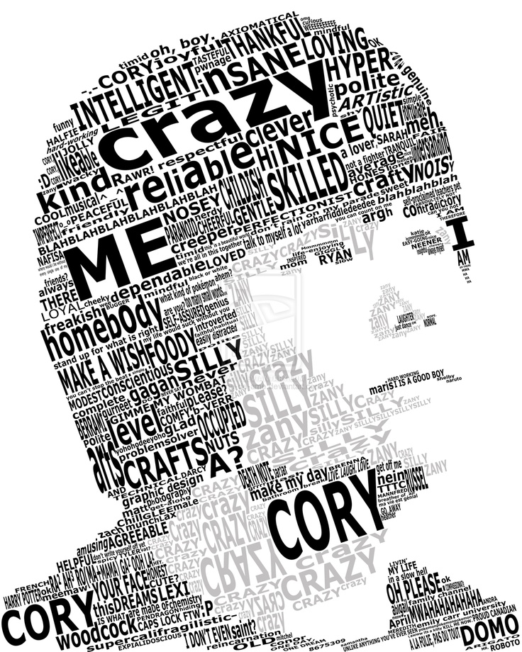 the words are written in black and white to form a man's head, which is