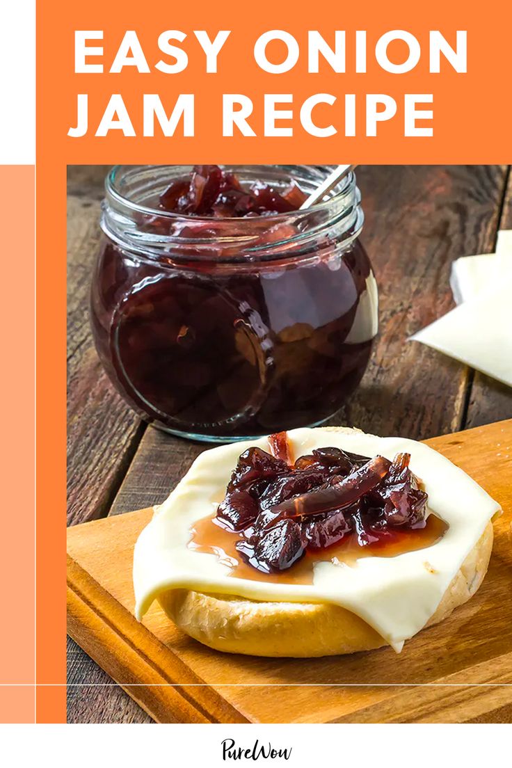 an easy onion jam recipe on a wooden cutting board with a jar of jam in the background