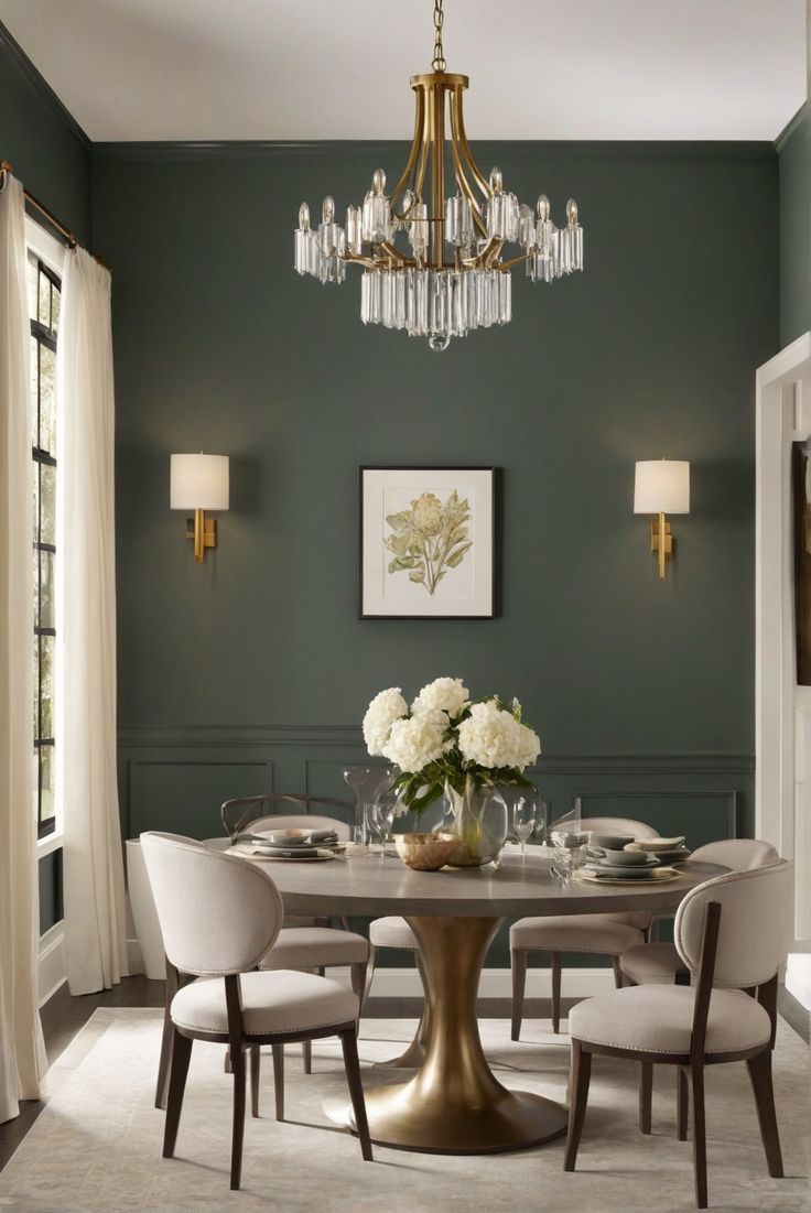 1. Dining room decor
2. Paint finishes
3. Interior design
4. Home improvement Green Paint Dining Room Ideas, Dining Room Decor Dark Walls, All Green Dining Room, Dining Room Decor Wainscoting, Dining Room Decor Chair Rail, Green Formal Dining Room, Dining Room Paint Colors With White Wainscoting, Blue Dining Room With White Wainscoting, Green Wall In Dining Room