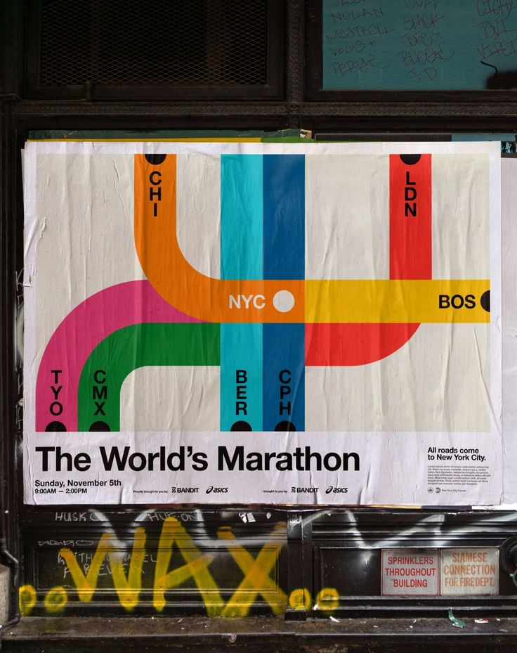 an advertisement for the world's marathon is displayed on a wall with graffitti