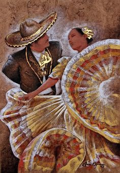 a painting of two women in mexican garb and hats, one holding a fan