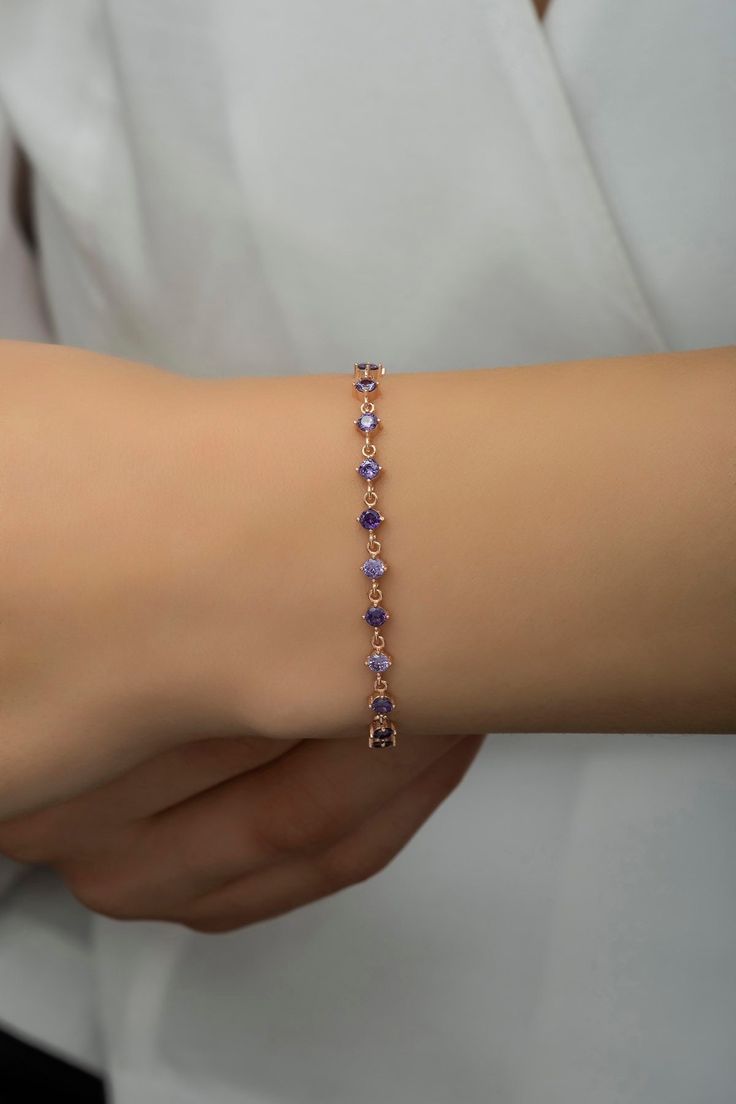 "Tennis Amethyst Bracelets, Amethyst Gemstone Hanmade Jewelry, Dainty Amethyst Bracelet, Birthstone Bracelet, Birthday Gift İdea For Woman Metal: 925 SİLVER  Mother's Day products will be shipped within 2 business days, and Worldwide Shipping is Free.  💍 Unique Jewelry: Our store is filled with specially designed, high-quality jewelry crafted from gold or silver just for you. Each piece is meticulously handcrafted with love and care, reflecting the uniqueness and elegance of each of our custome Elegant Purple Birthstone Beaded Bracelets, Elegant Round Purple Crystal Bracelet, Elegant Purple Round Crystal Bracelet, Purple Jubilee Tennis Bracelet, Adjustable Elegant Purple Crystal Bracelet, Amethyst Crystal Bracelet Gift, Amethyst Tennis Bracelet As A Gift, Elegant Purple Tennis Bracelet For Gift, Elegant Round Amethyst Crystal Bracelet