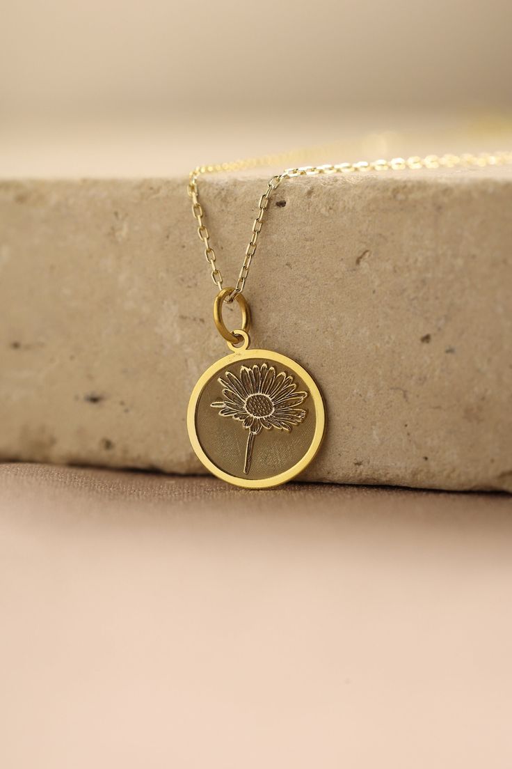 Gold Daisy Flower Pendant - Daisy Gold Necklace ● Material of pendant: Solid Gold 14k ( REAL GOLD ) ● Metal Stamp: 14k ( REAL GOLD ) ● The pendant is available in 5 sizes: - 12,7 mm / 0.5 inches (Diameter) - 14,0 mm / 0,55 inches ( Diameter ) In the photos - 15,3 mm / 0.6 inches ( Diameter ) - 16,5 mm / 0,65 inches ( Diameter ) - 19,1 mm / 0,75 inches ( Diameter ) ( In the photos the size is 14mm / 0.55 inches Diameter ) ( Jump Ring inner diameter: 4 mm ) ● Material of chain: Solid gold 14k ( RE Yellow Gold Charm Necklace With Flower For Wedding, Yellow Gold Flower Pendant Charm Necklace For Mother's Day, Yellow Gold Birth Flower Charm Necklace, Yellow Gold Flower Pendant Necklace For Mother's Day, Yellow Gold Flower Charm Pendant Necklace, Yellow Gold Pendant Charm Necklace With Flower, Yellow Gold Round Charm Necklace With Birth Flower, Yellow Gold Flower Charm Necklace, Mother's Day 14k Gold Flower Necklace