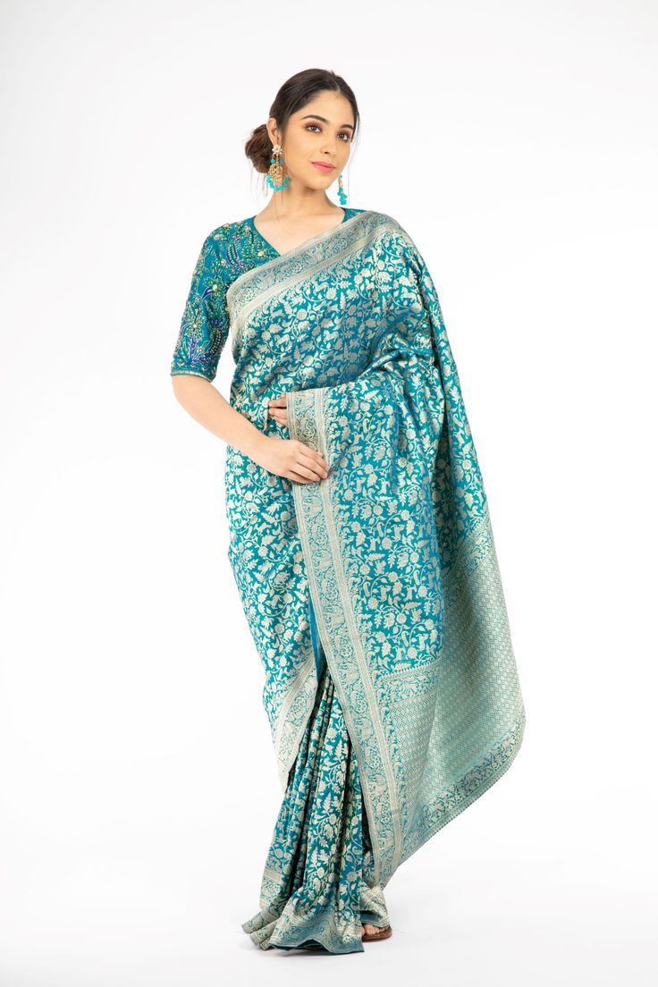 Marvelous Peacock Blue Handloom Banarasi Saree – Panache Haute Couture Haute Couture Fabric, Add Sleeves, Beautiful Peacock, Saree Designs Party Wear, At A Party, Banarasi Saree, Banarasi Sarees, Peacock Blue, Wearing Clothes