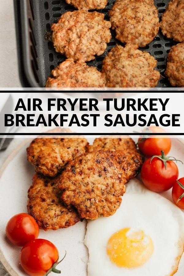 air fryer turkey breakfast sausage on a plate with tomatoes and eggs