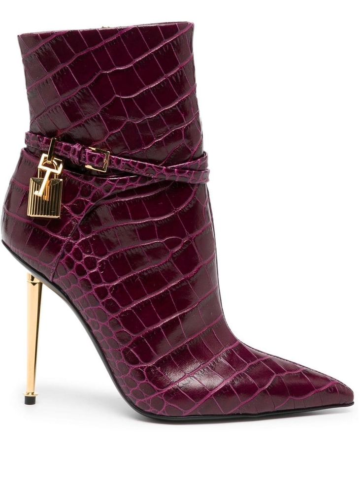 bordeaux red calf leather embossed crocodile effect padlock detail pointed toe side zip fastening ankle-length high stiletto heel gold-tone hardware Tom Ford Boots, Purple Snake, Snake Pattern, Stiletto Boots, Beautiful Boots, Gorgeous Shoes, Hot Shoes, Pretty Shoes, Designer Boots