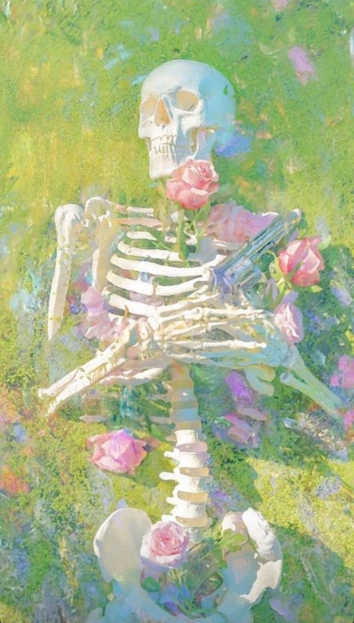 a painting of a skeleton sitting in the grass with roses on it's back