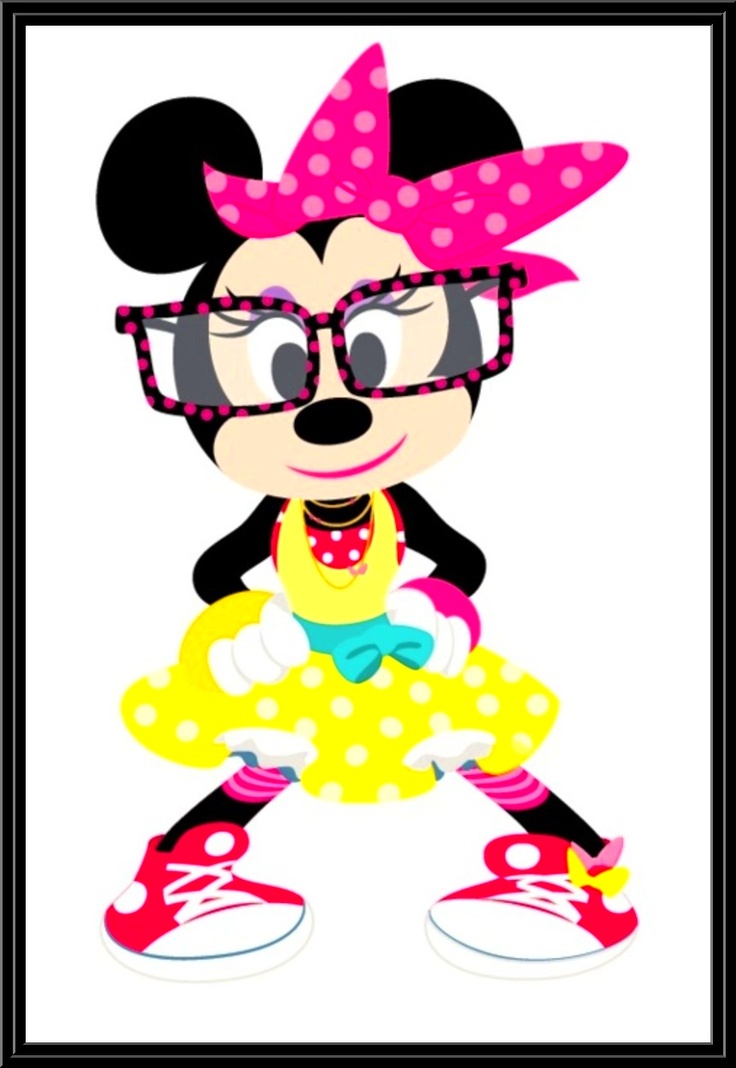 a cartoon character with glasses and a pink bow on her head, standing in front of a white background